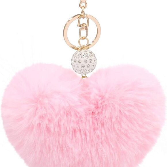 Women's Heart Faux Fur Pom Pom Key Chains Bag Accessory Puffball Keyring Backpac - Picture 1 of 4